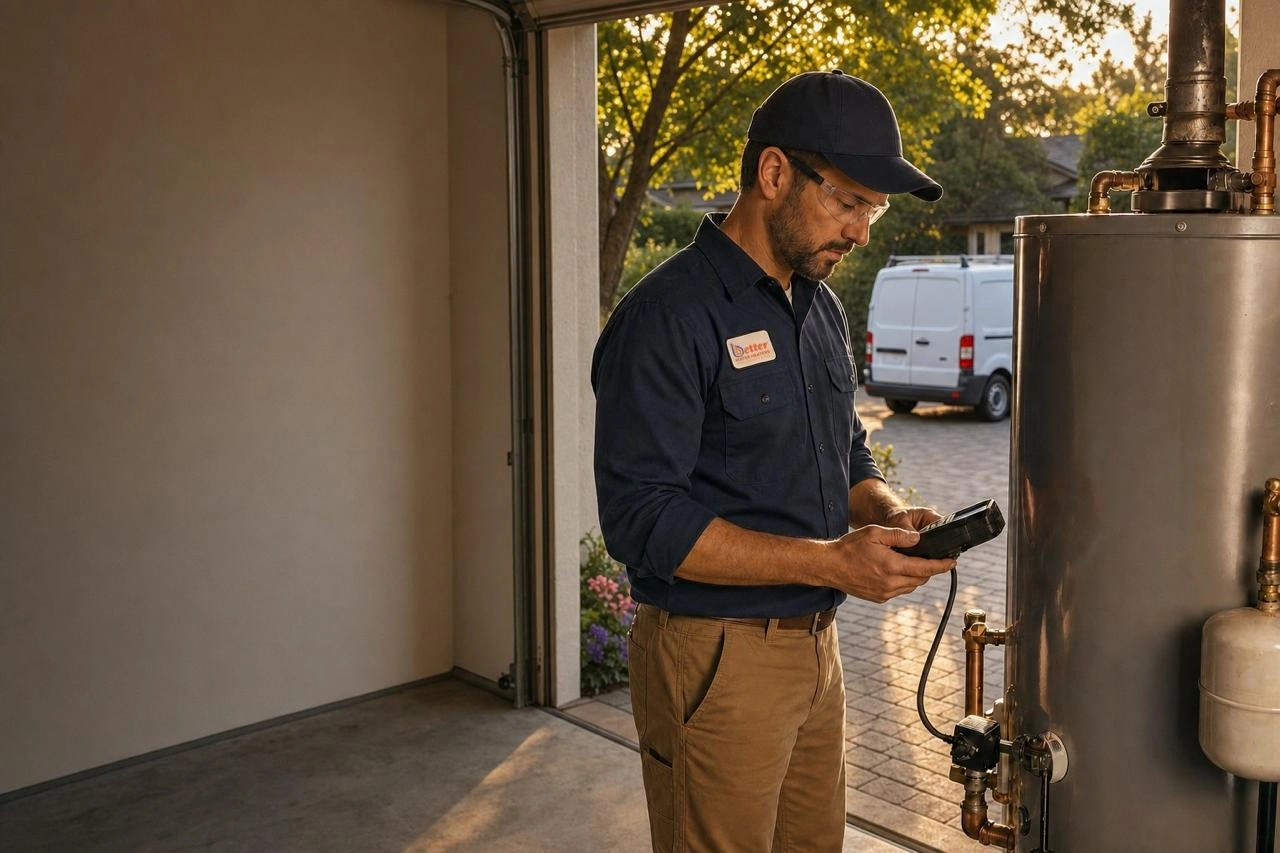 AI-generated illustration showing a Better Water Heaters technician working beside a garage water heater in golden-hour light