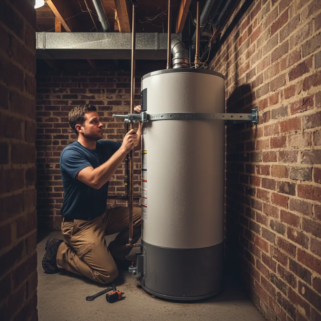 Plumber installing seismic bracing for a heat pump water heater in a San Francisco basement