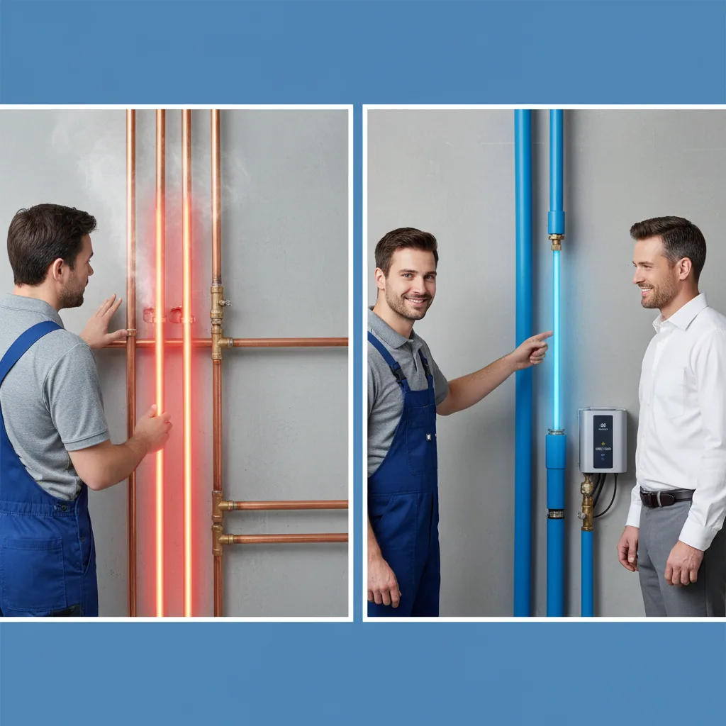 Infographic comparing traditional recirculation vs intelligent demand hot water