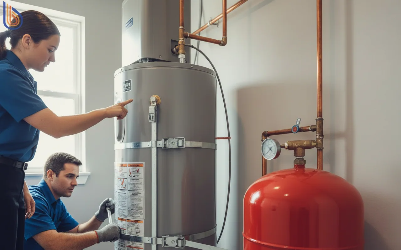 Professional water heater commissioning showing seismic straps and expansion tank