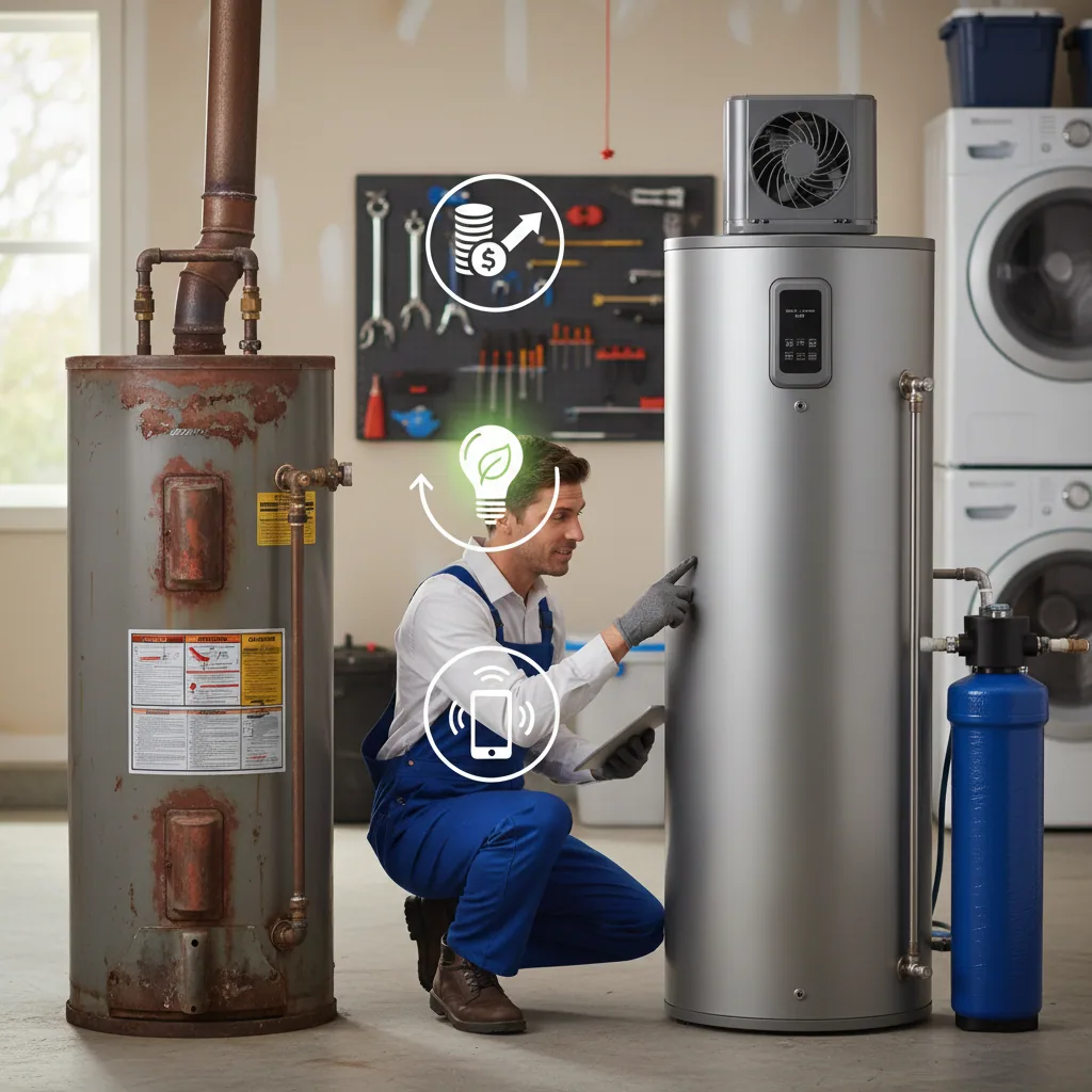 Comparison of old tank vs new heat pump water heater highlighting rebates and ROI