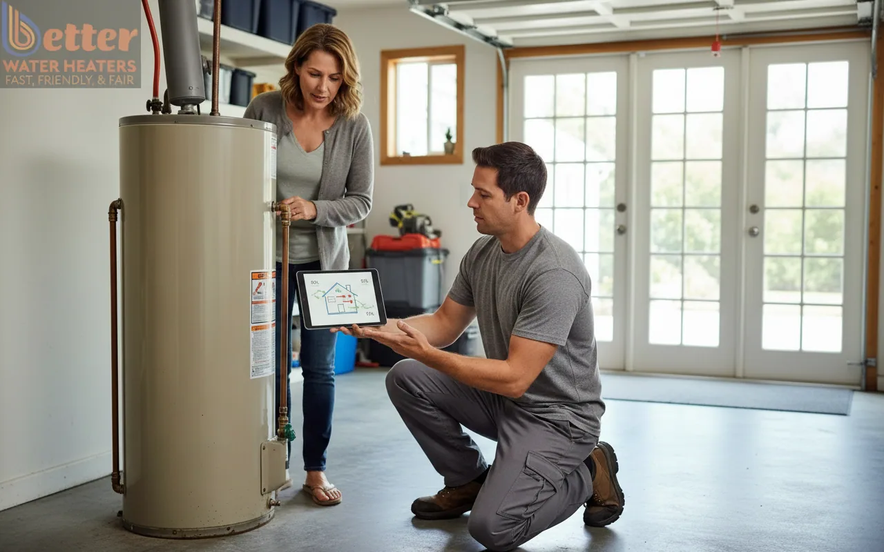 A professional performing a proactive water heater replacement assessment in a Bay Area home