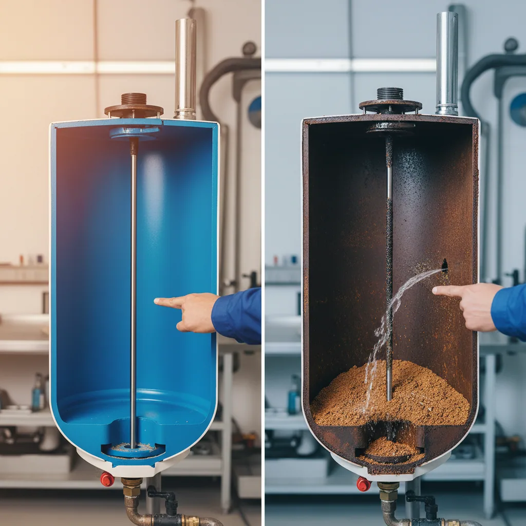 Infographic comparing healthy vs corroded water heater tank internals