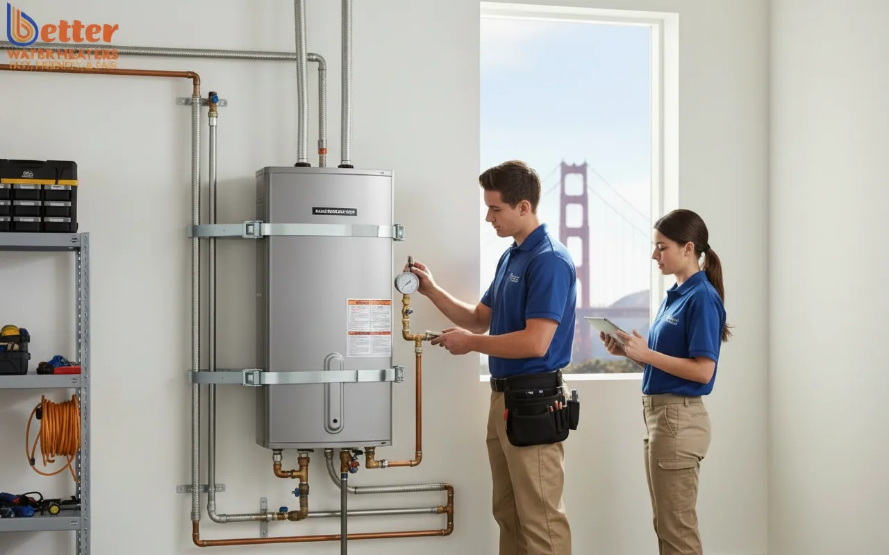 A compliant water heater installation during a pre-sale mechanical audit in a Bay Area home