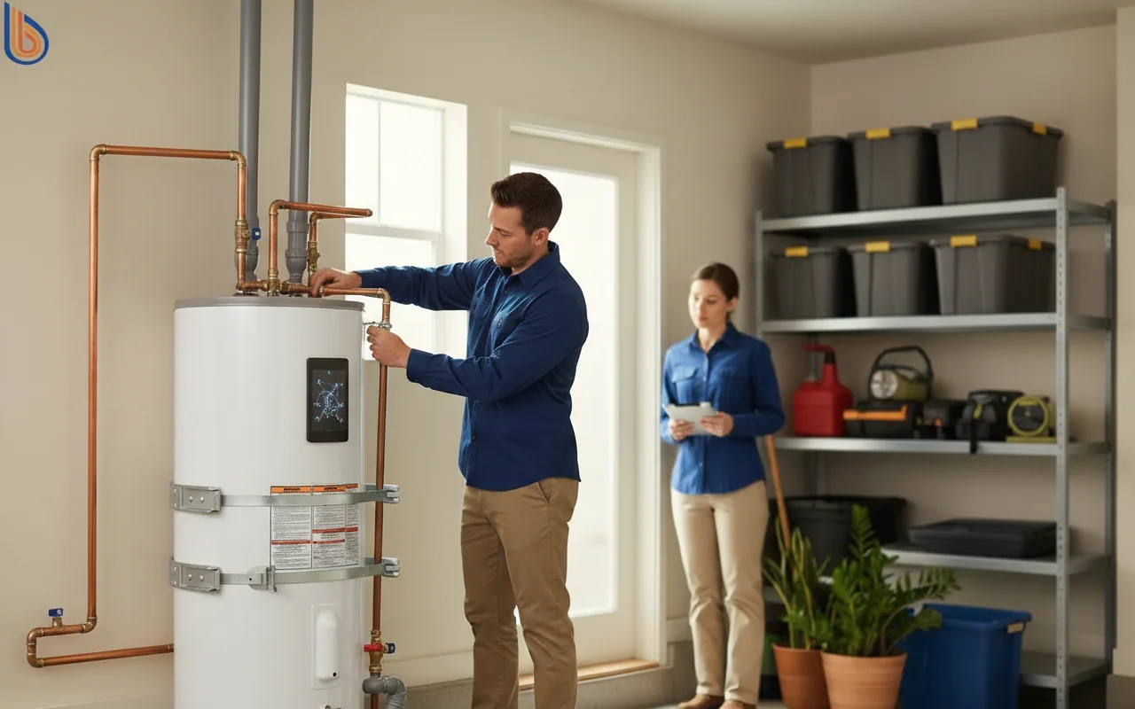 Modern water heater installation and repair featuring a high-efficiency heat pump unit in a Bay Area home