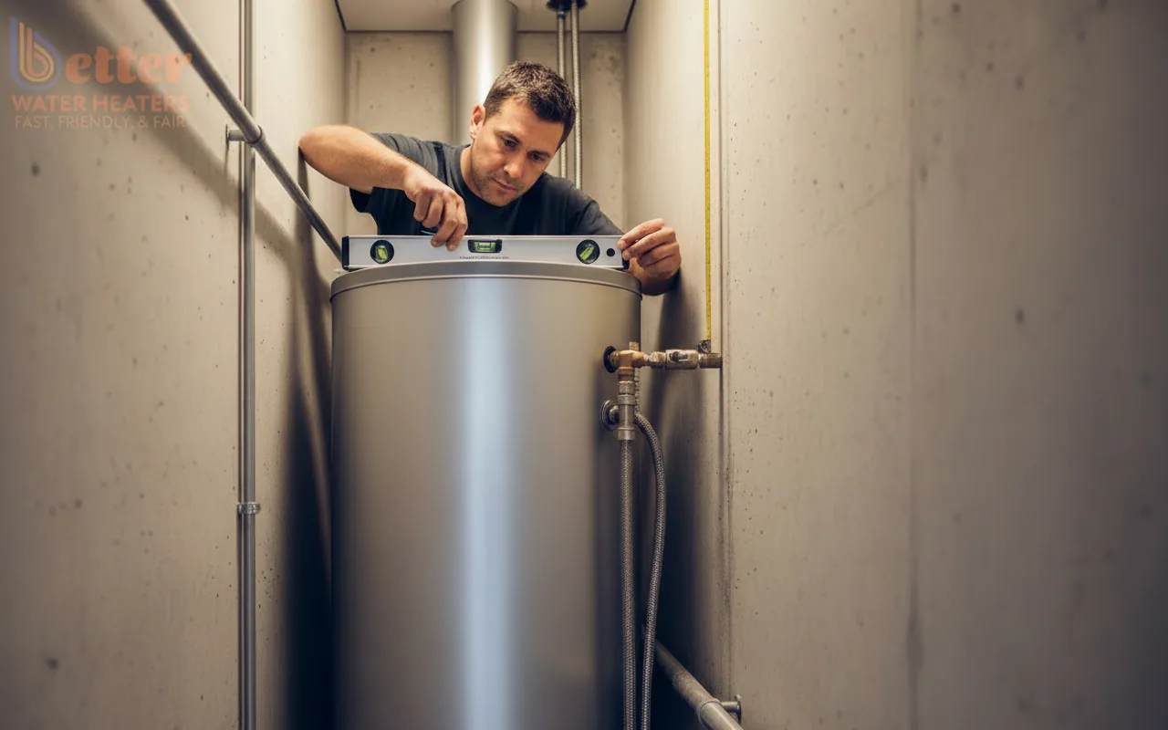Plumber measuring a water heater for service access framework compliance in a tight Bay Area closet