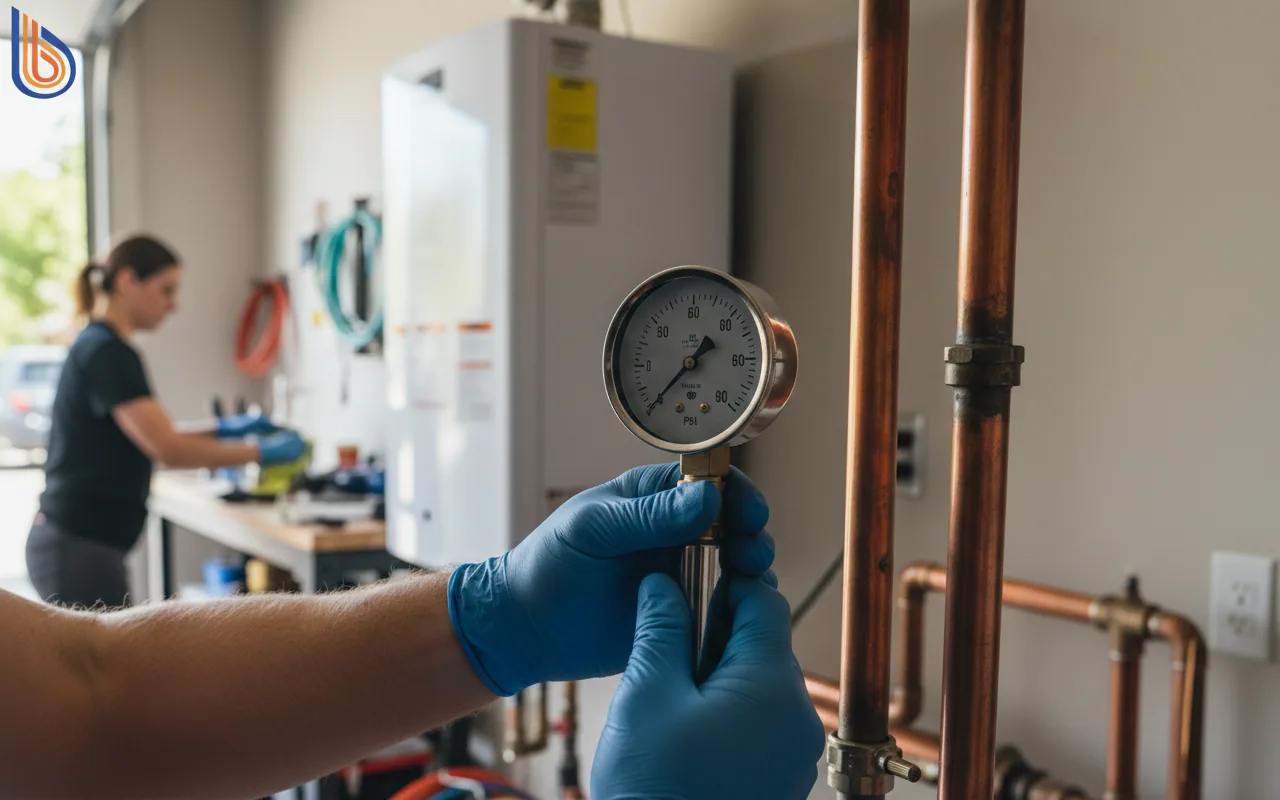 A Bay Area Water Pressure Audit showing a gauge reading 60 PSI on a copper pipe