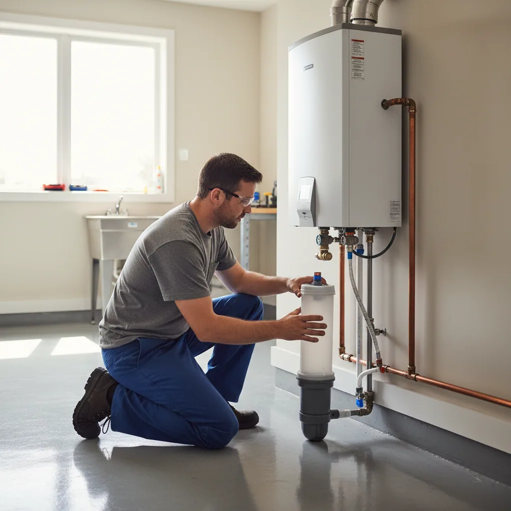 A professional installing a tankless condensate neutralizer to prevent foundation damage