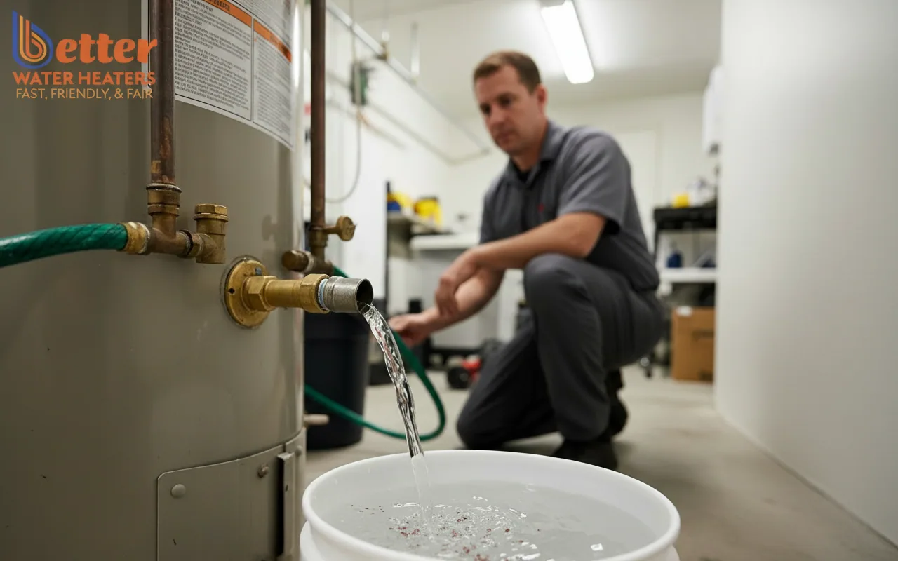 Performing a water heater checkup by flushing sediment through a drain valve