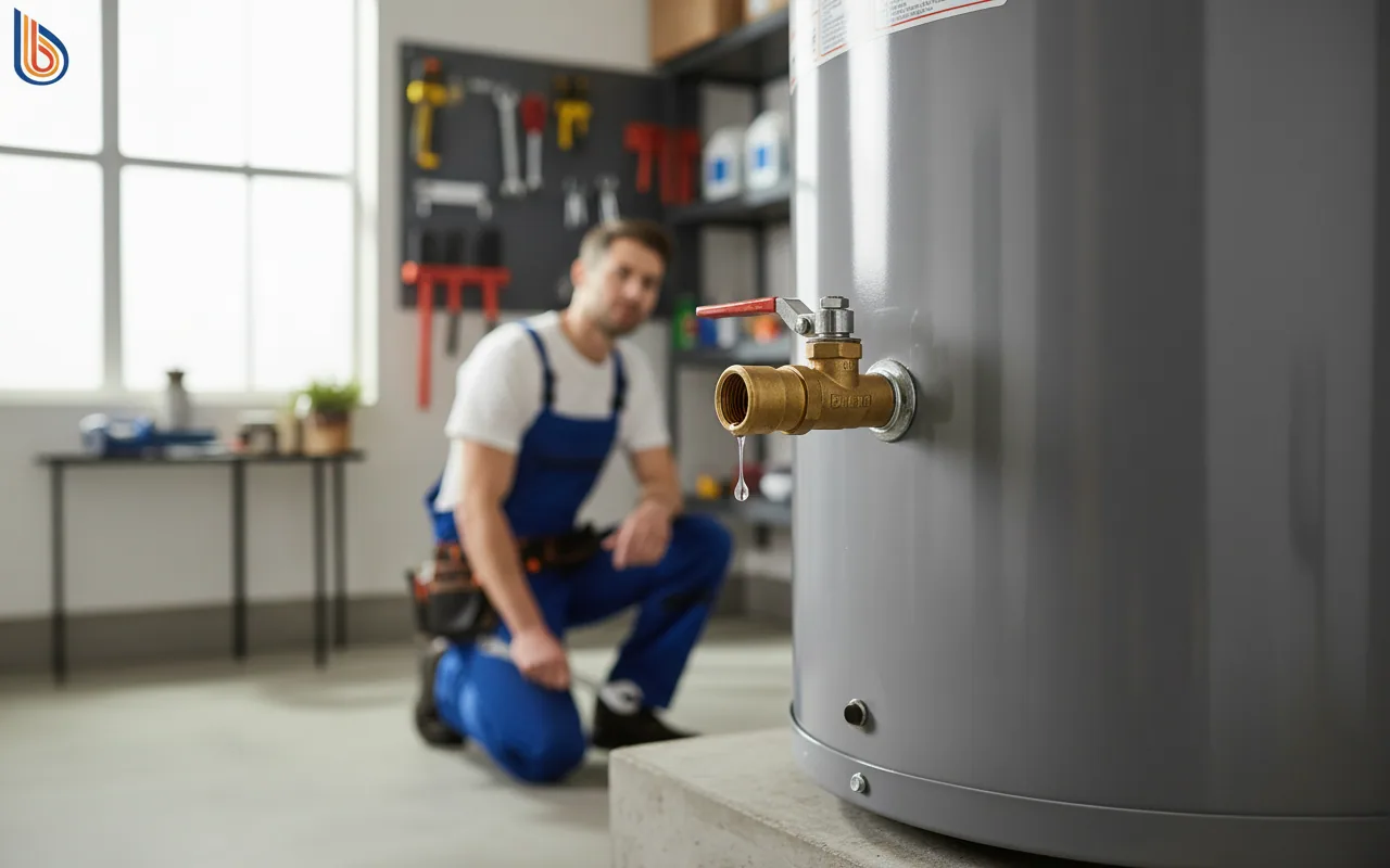 Close-up of a water heater leaking from relief valve in a residential garage