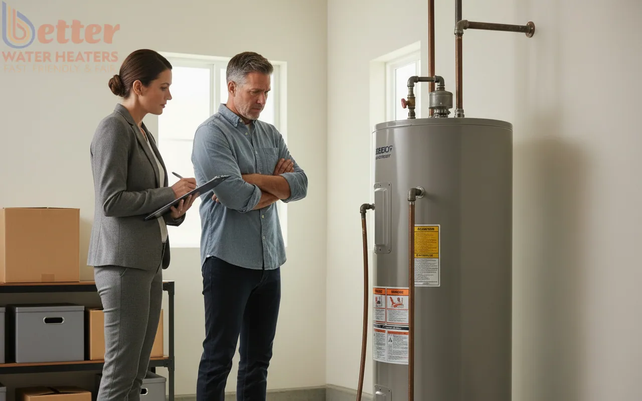 Homeowner and agent discussing water heater permits during a Bay Area home inspection