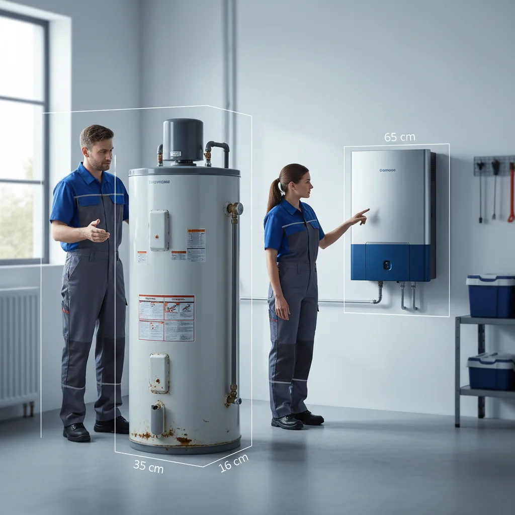 Comparison of old gas water heater vs compact tankless unit for space savings
