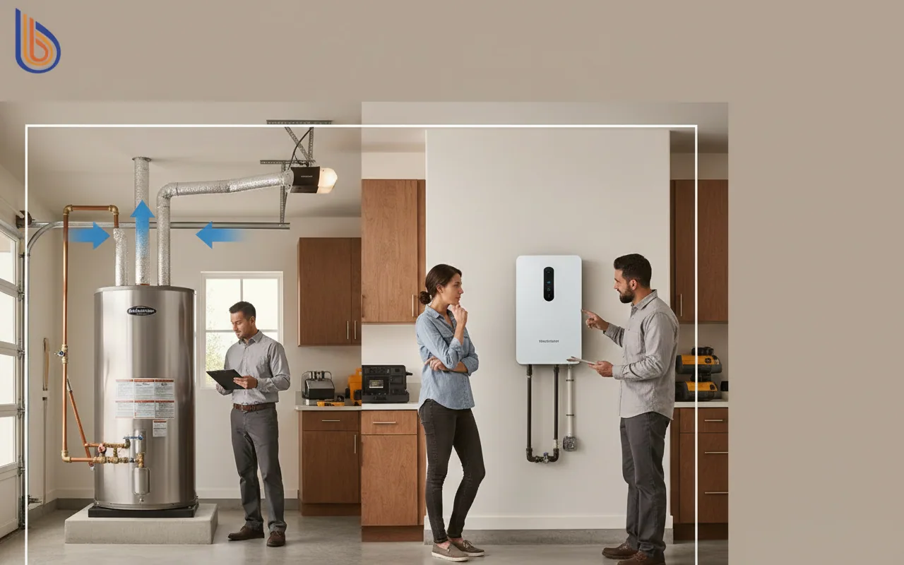 Comparison diagram showing hybrid vs electric water heater installation and airflow