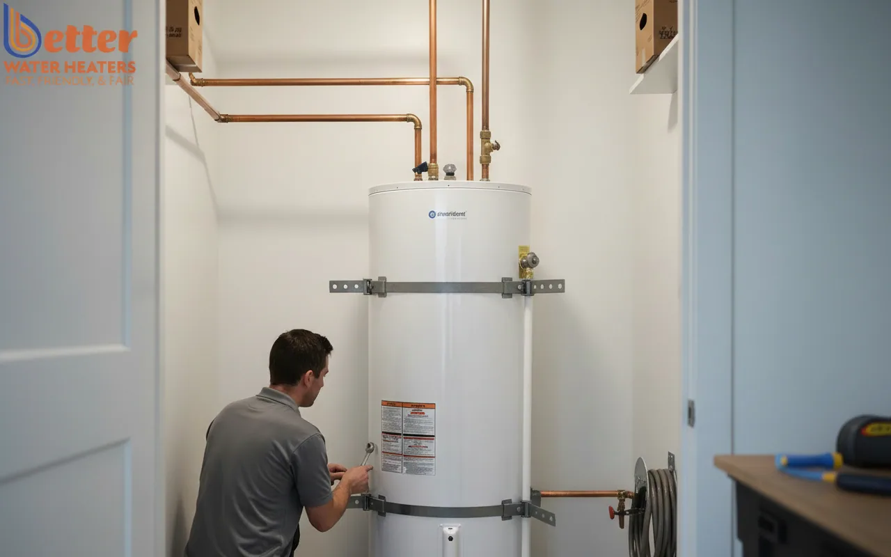 Proper heat pump water heater clearance in a small San Francisco utility closet with seismic strapping