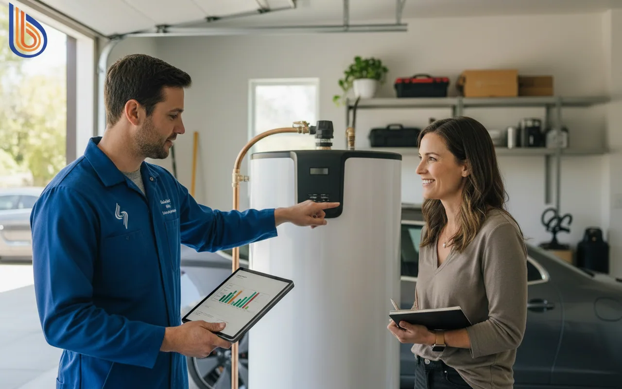 Professional water heater sizing guide audit being performed in a Bay Area home
