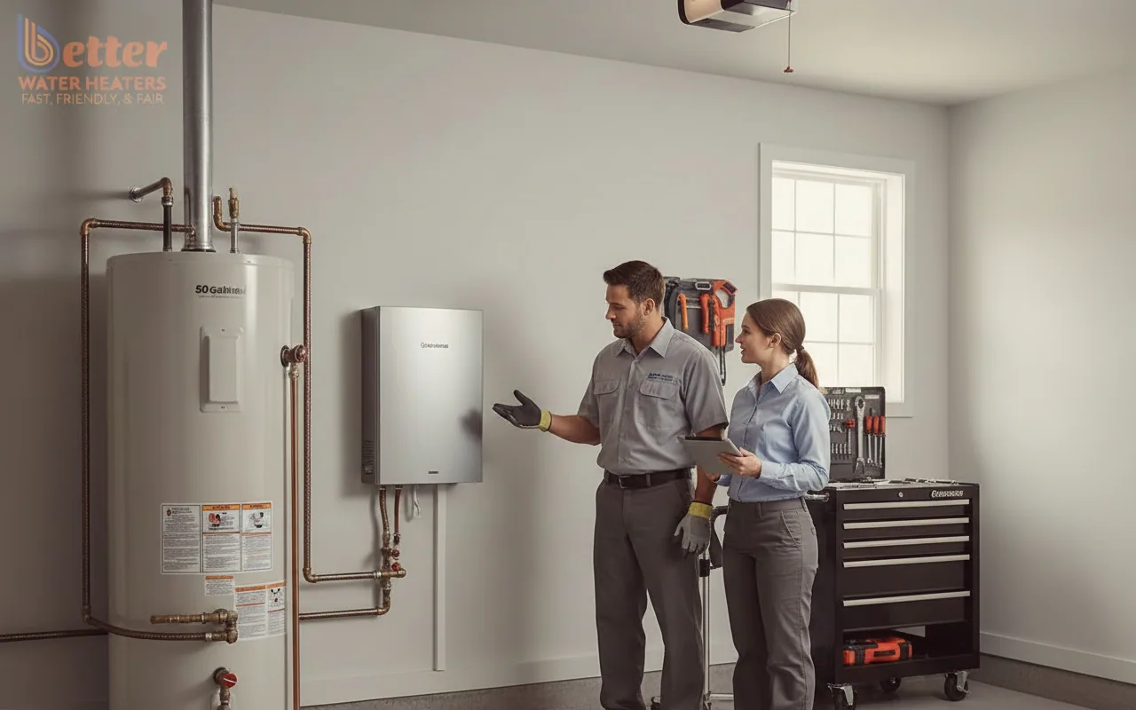 Comparison of tankless vs tank water heater in a San Jose garage showing space savings