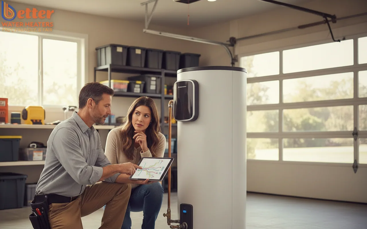 Professional plumber discussing emergency water heater replacement options with a Bay Area homeowner