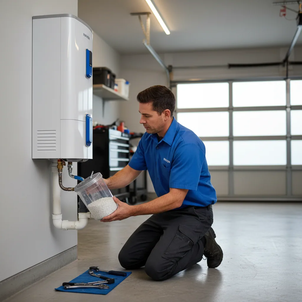 Professional installation of a condensate neutralizer kit on a tankless water heater