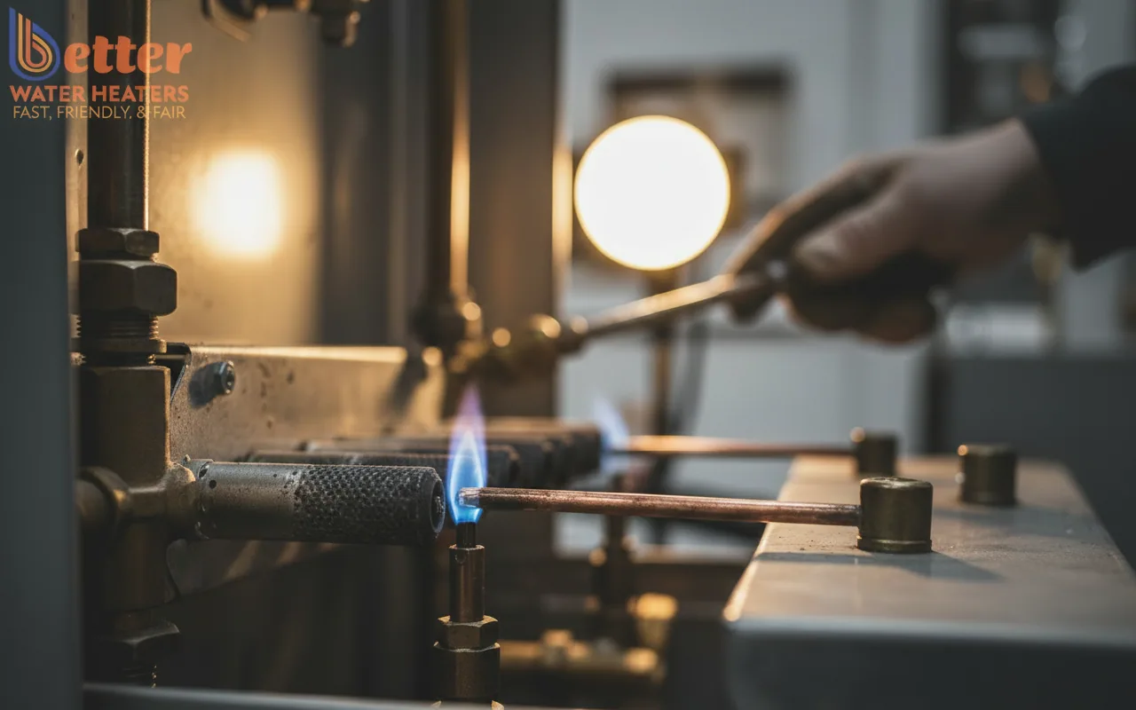 A healthy blue water heater pilot light flame hitting a thermocouple sensor