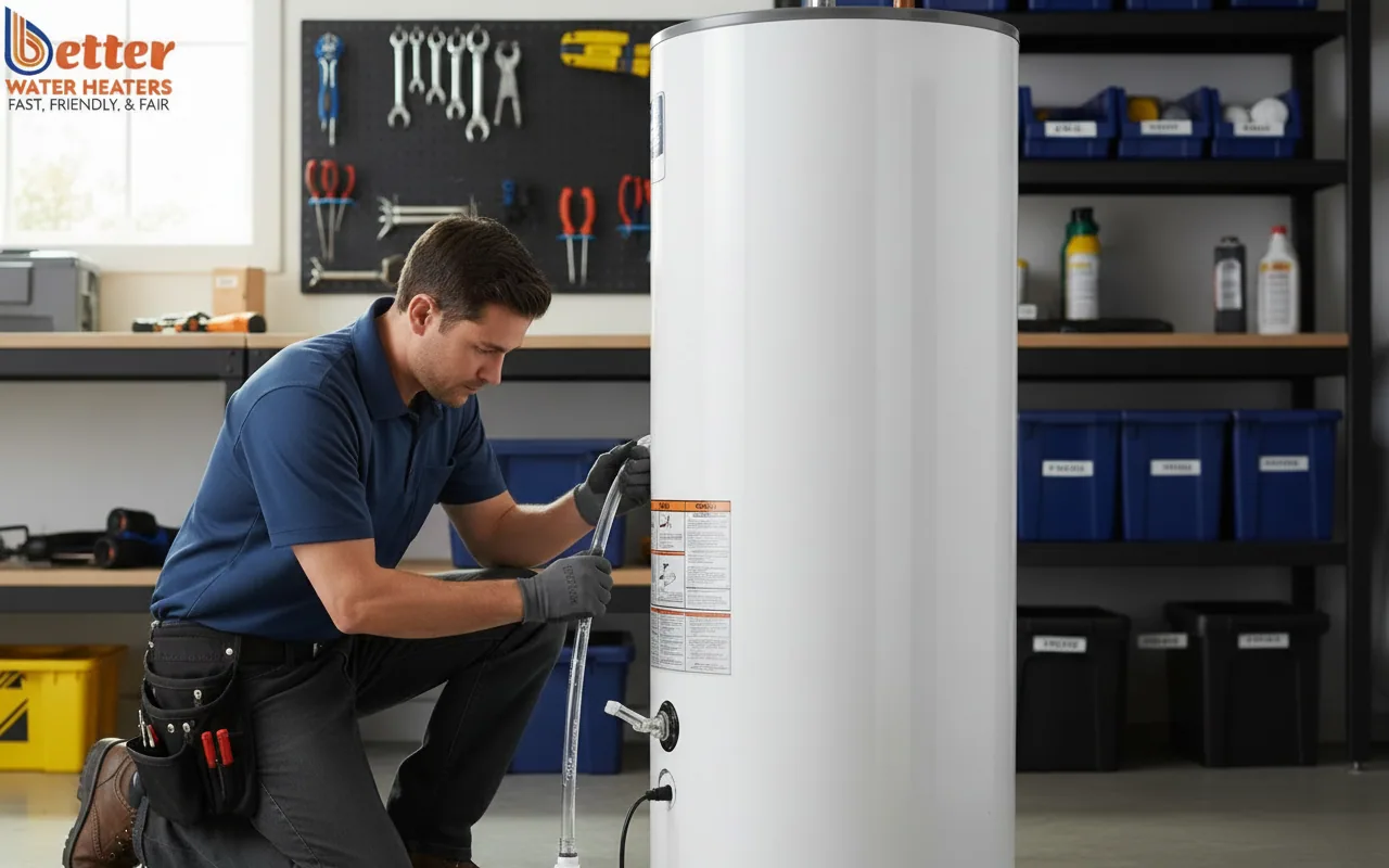 Professional installation of heat pump water heater drainage system in a garage