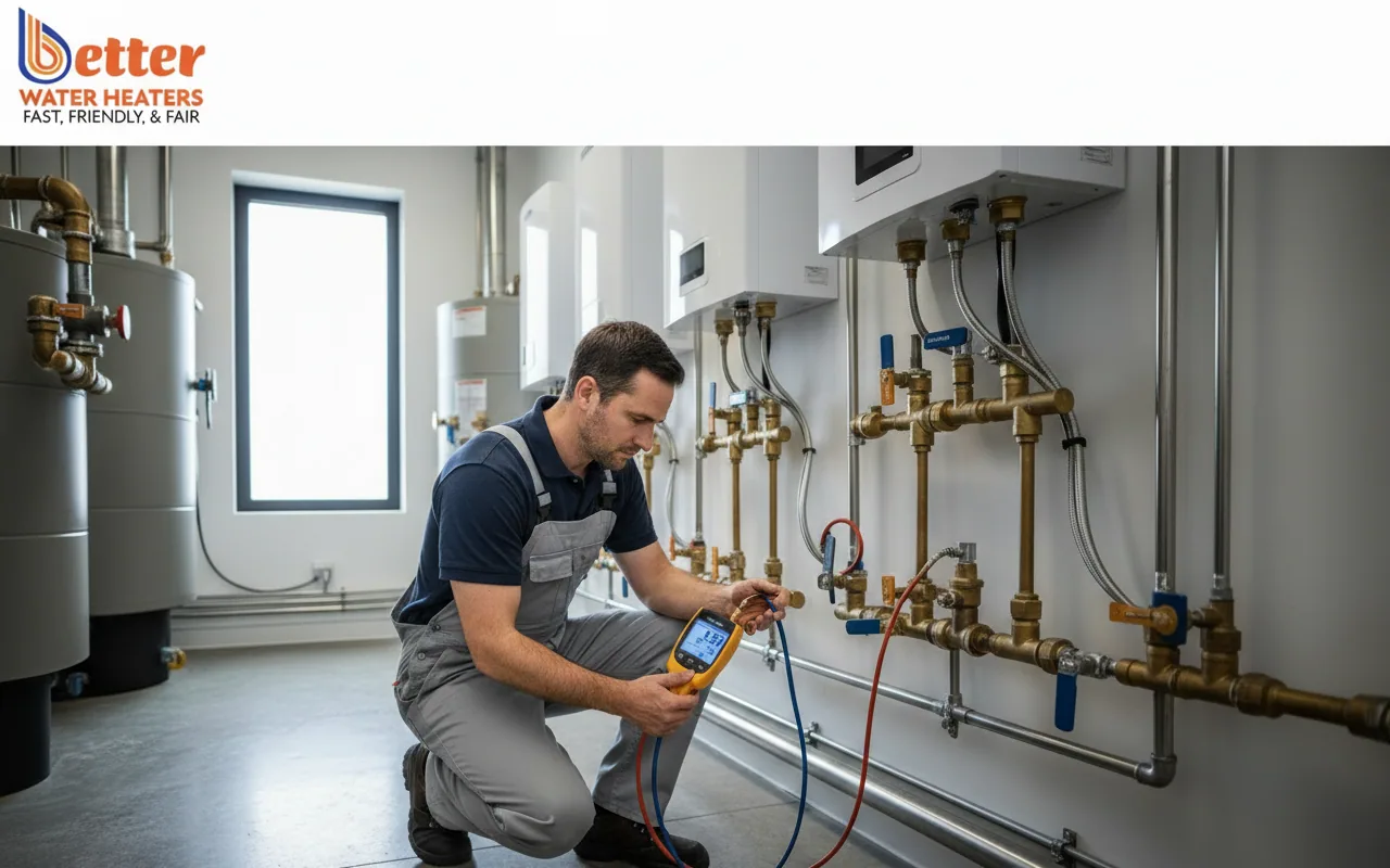 Professional checking gas line BTU load with a manometer in a utility room