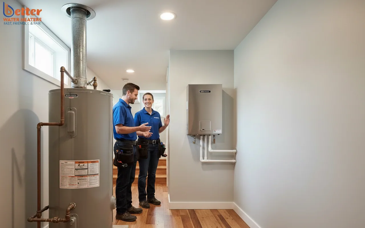 Comparison of old tank vs modern small space water heater in SF home