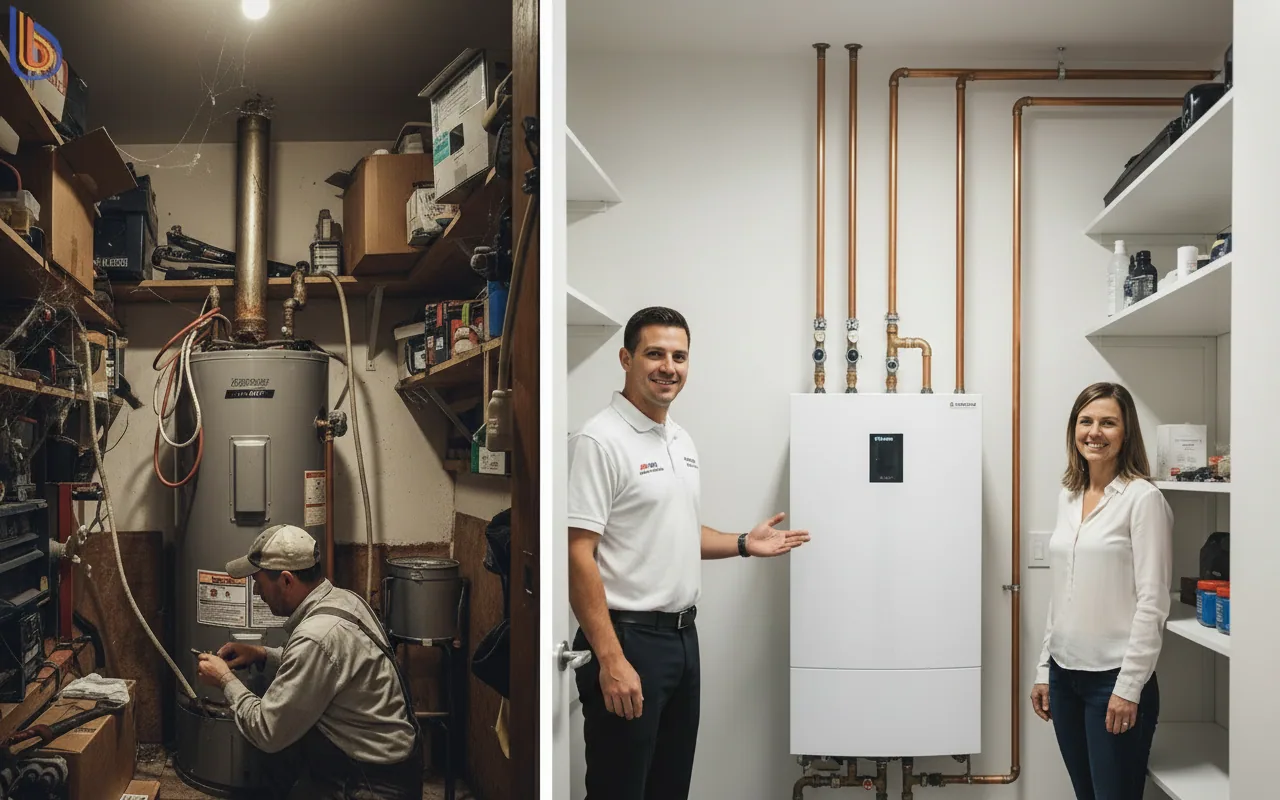 Comparison of old gas tank vs modern heat pump retrofit framework installation in a Bay Area home