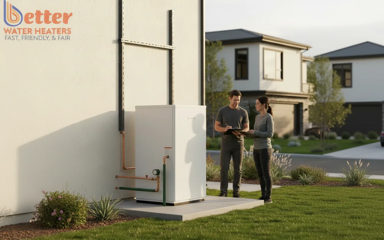 Professional outdoor heat pump water heater installation on a concrete pad with seismic strapping in a Bay Area home