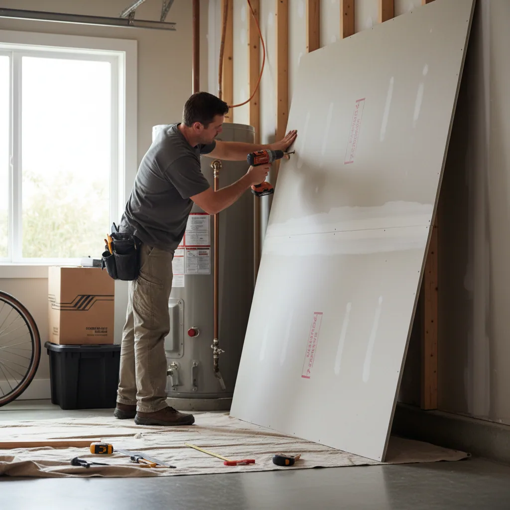 Professional installation of Type X drywall for garage fire code compliance.