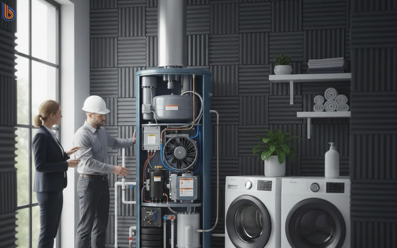Technical diagram showing heat pump noise levels mitigation and vibration isolation pads