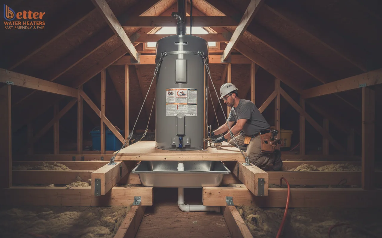Professional diagram of an attic water heater installation showing structural reinforcements
