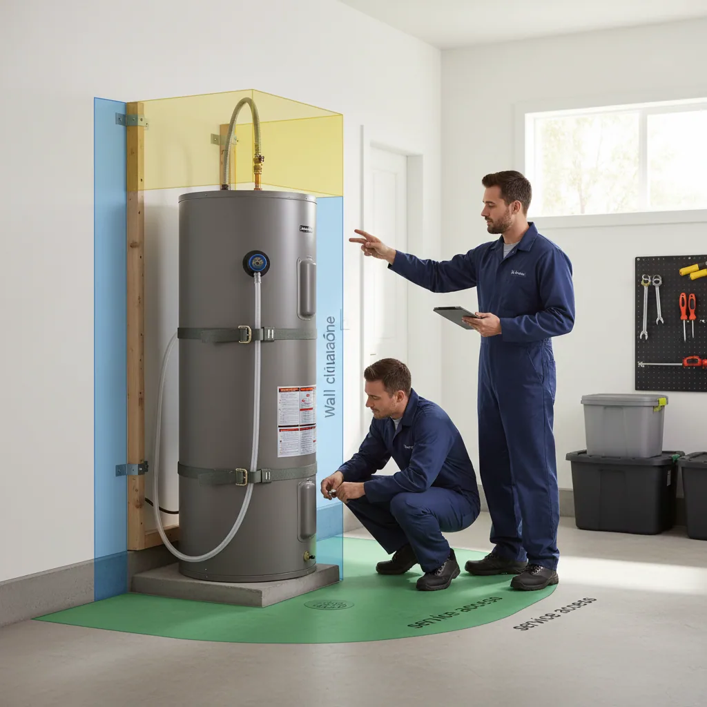 Properly installed heat pump water heater showing site readiness framework elements like drainage and strapping.