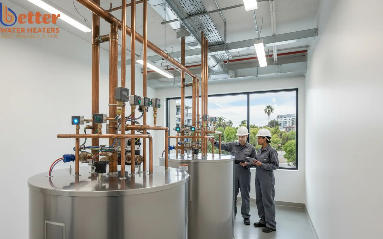 Commercial heat pump water heaters installed as part of a multi-unit water heater retrofit in a Bay Area building
