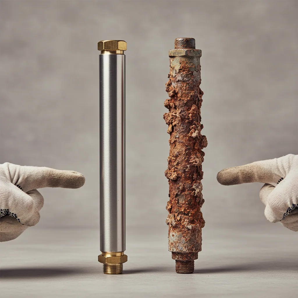 Comparison of a new vs corroded anode rod for water heater maintenance