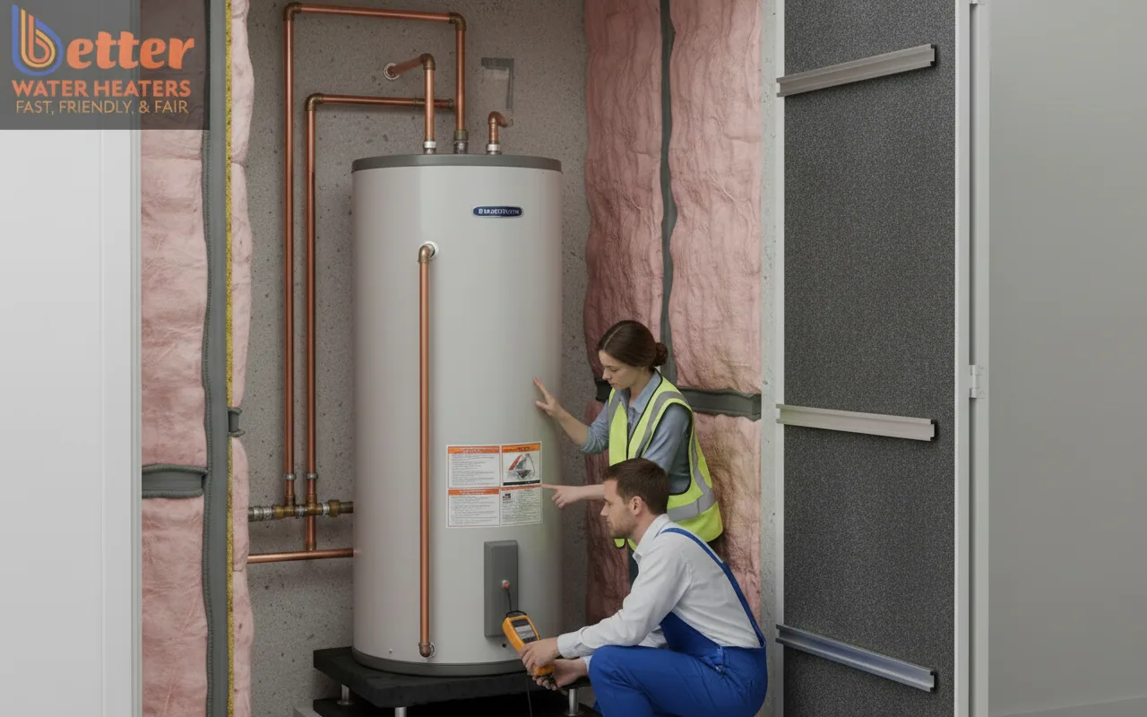 Diagram showing water heater noise reduction techniques in a utility closet