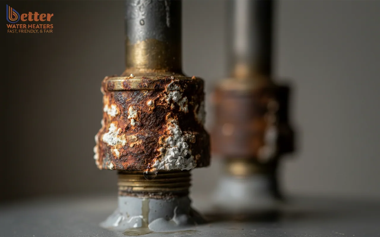 Close up of a water heater leaking from top due to corroded dielectric nipples
