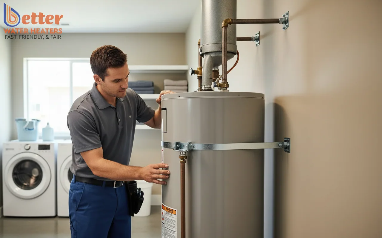 Seismic strapping on a rental property water heater for Bay Area compliance