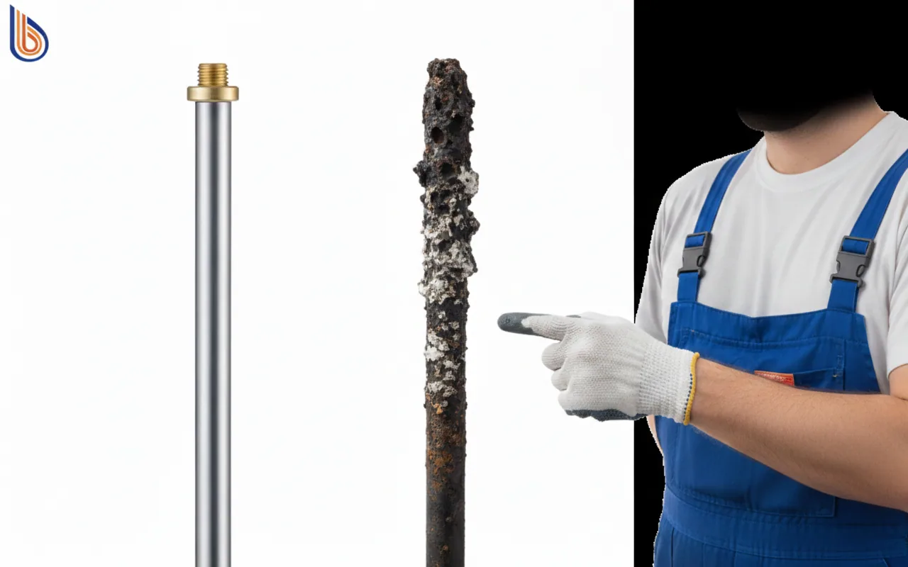 Comparison of new and corroded aluminum vs magnesium anode rods showing depletion