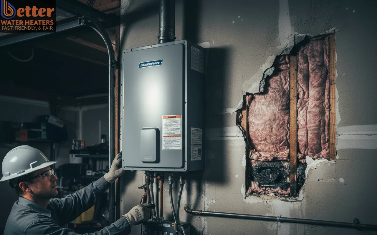 A non-compliant tankless installation safety violation showing a hole in the garage firewall.