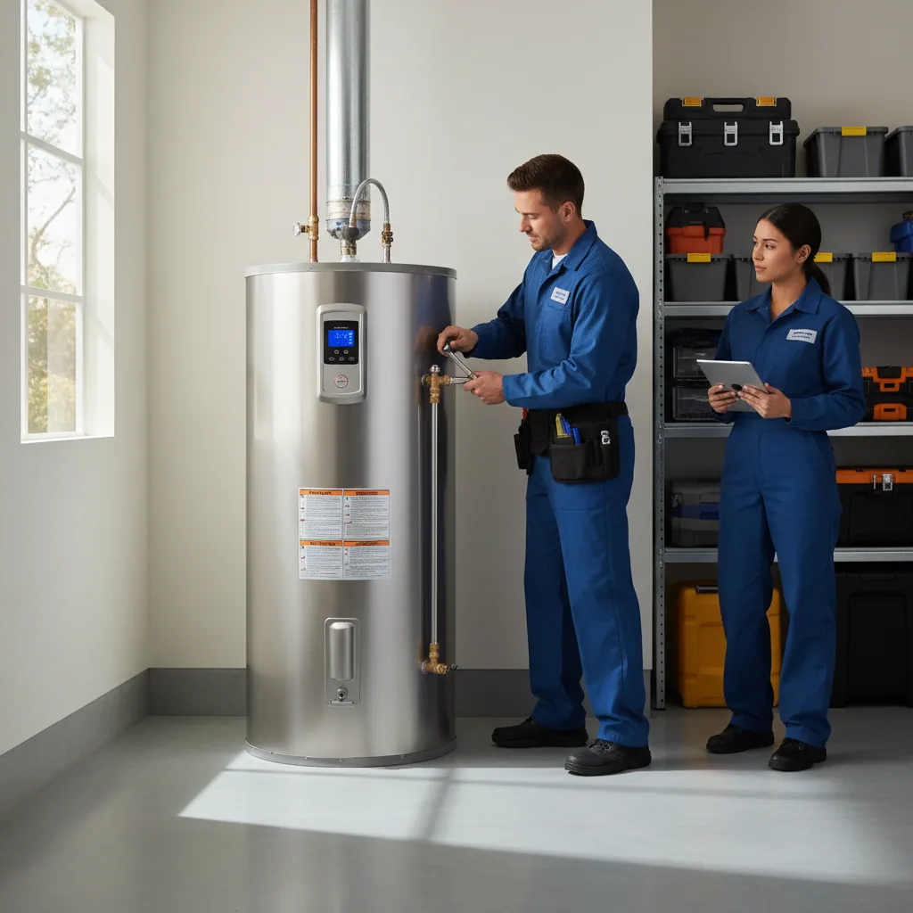 Modern heat pump water heater installation in a Bay Area home showing efficiency features