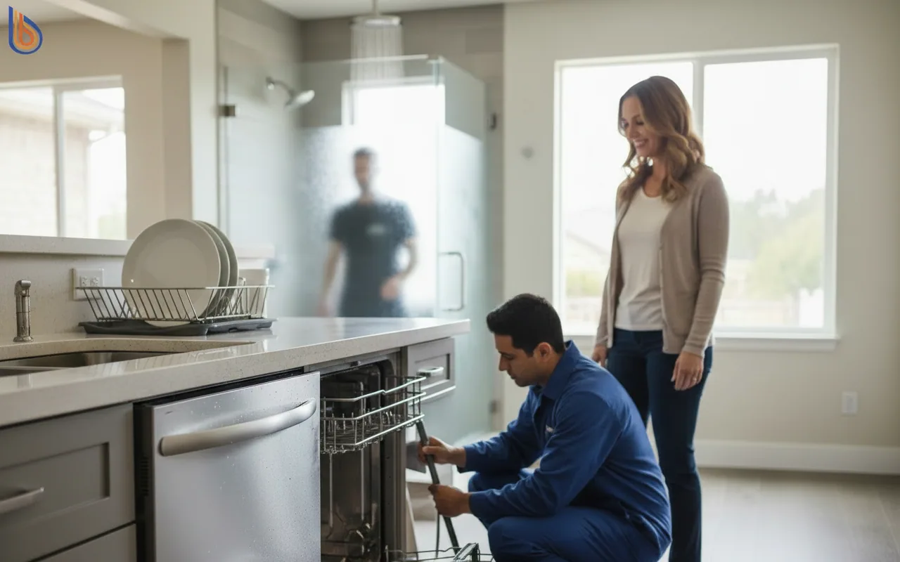A dishwasher running in a kitchen, illustrating why hot water goes cold in other parts of the house