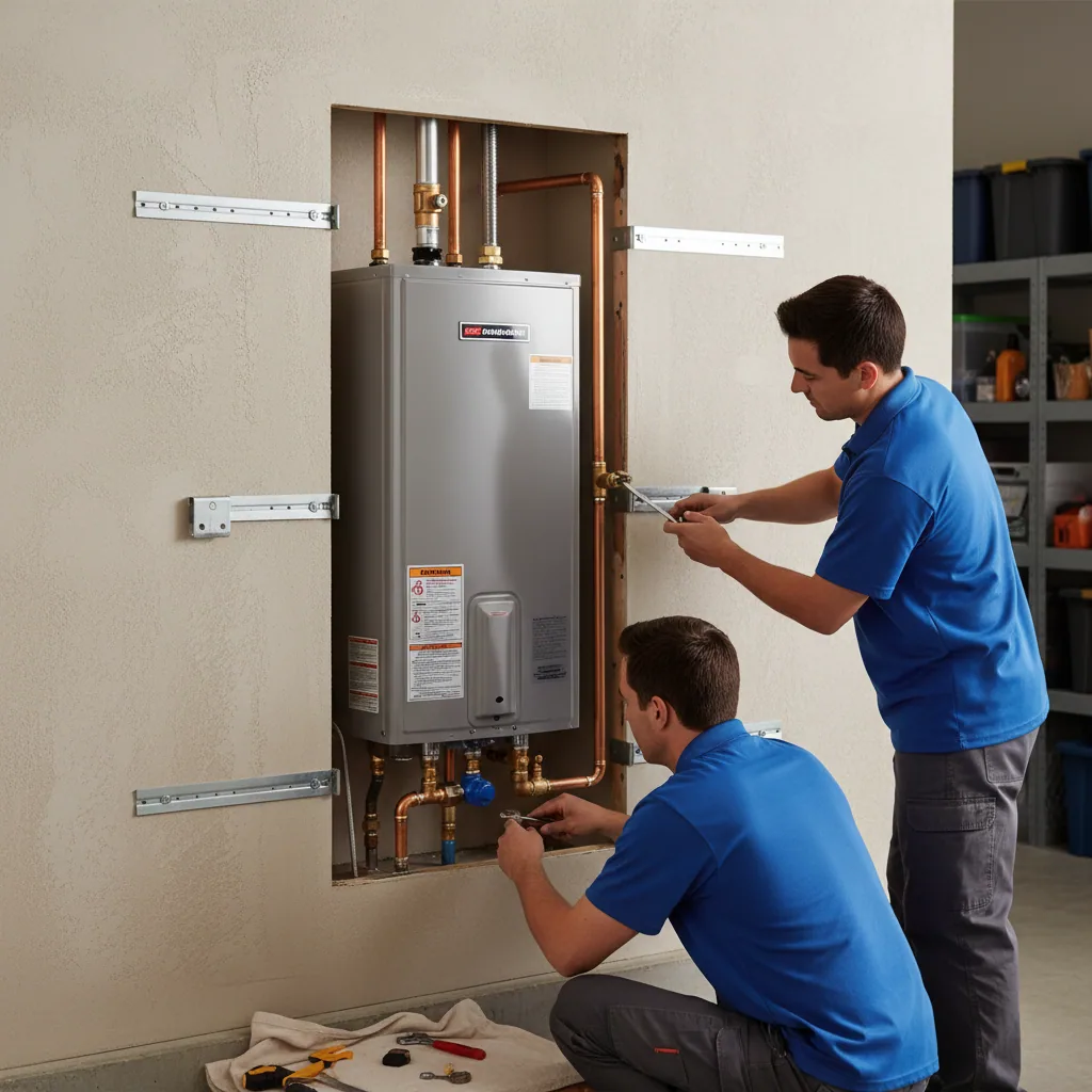 A recessed wall-mounted water heater installation that saves space in a modern garage.