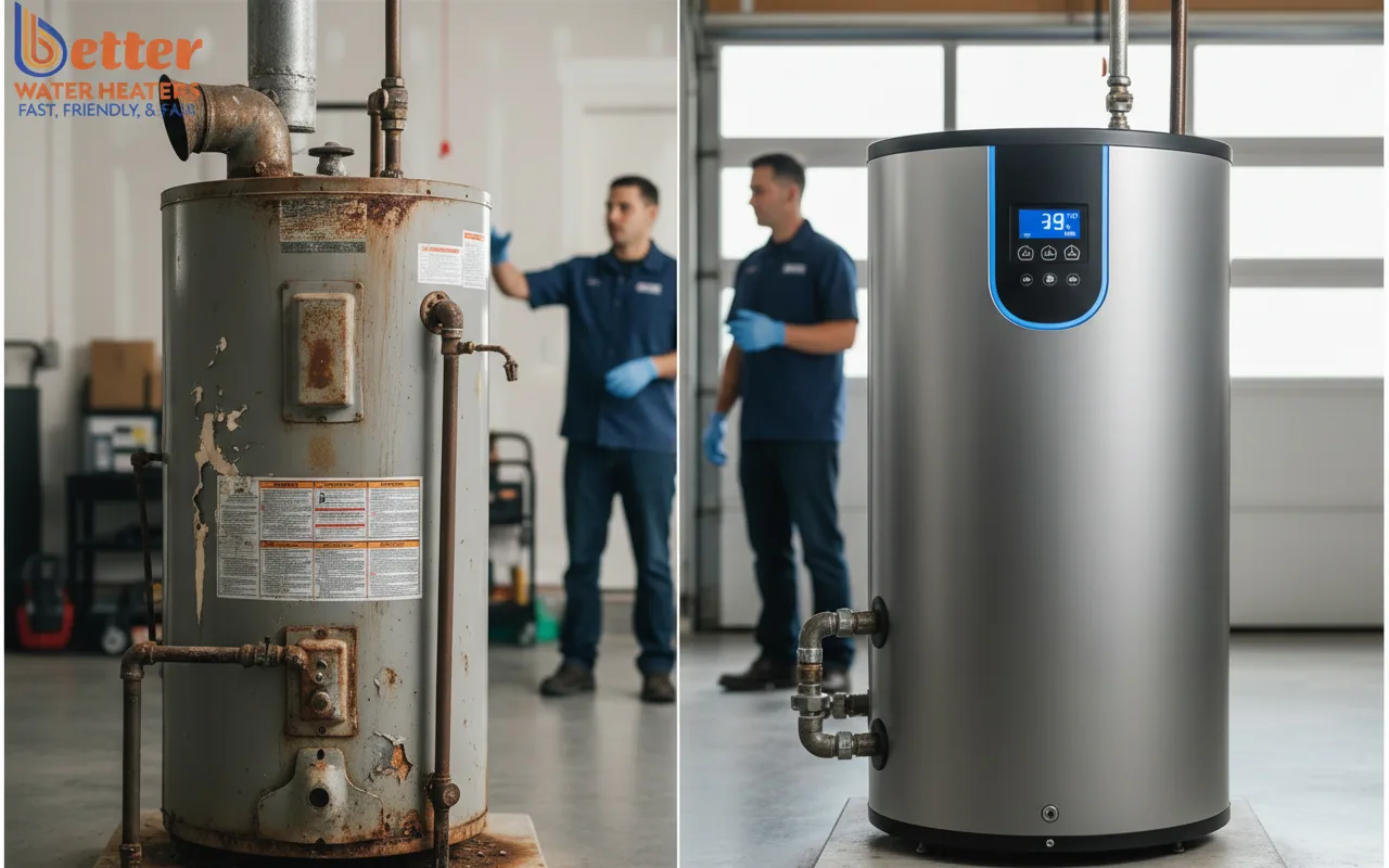 Comparison of old gas unit and new heat pump illustrating the gas water heater phase out