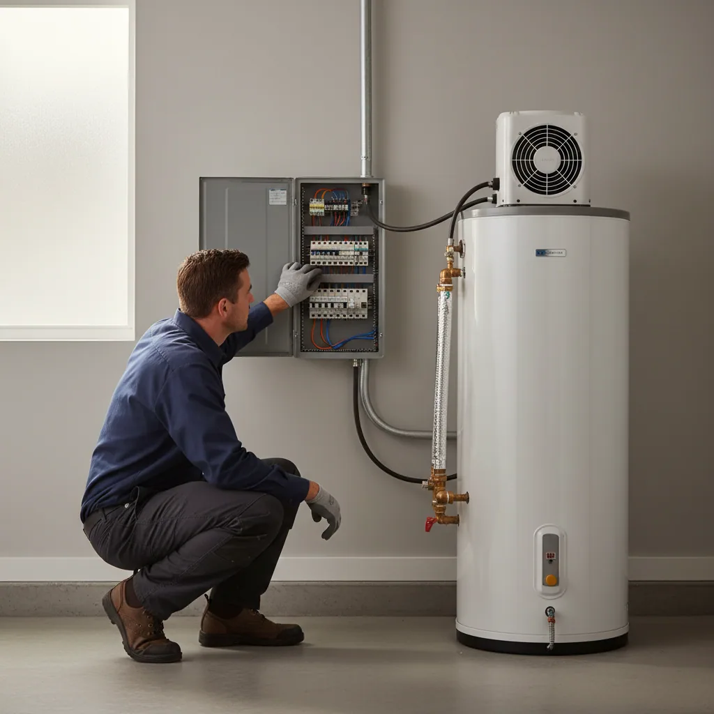 Plumber checking electrical panel for 120V heat pump water heater installation