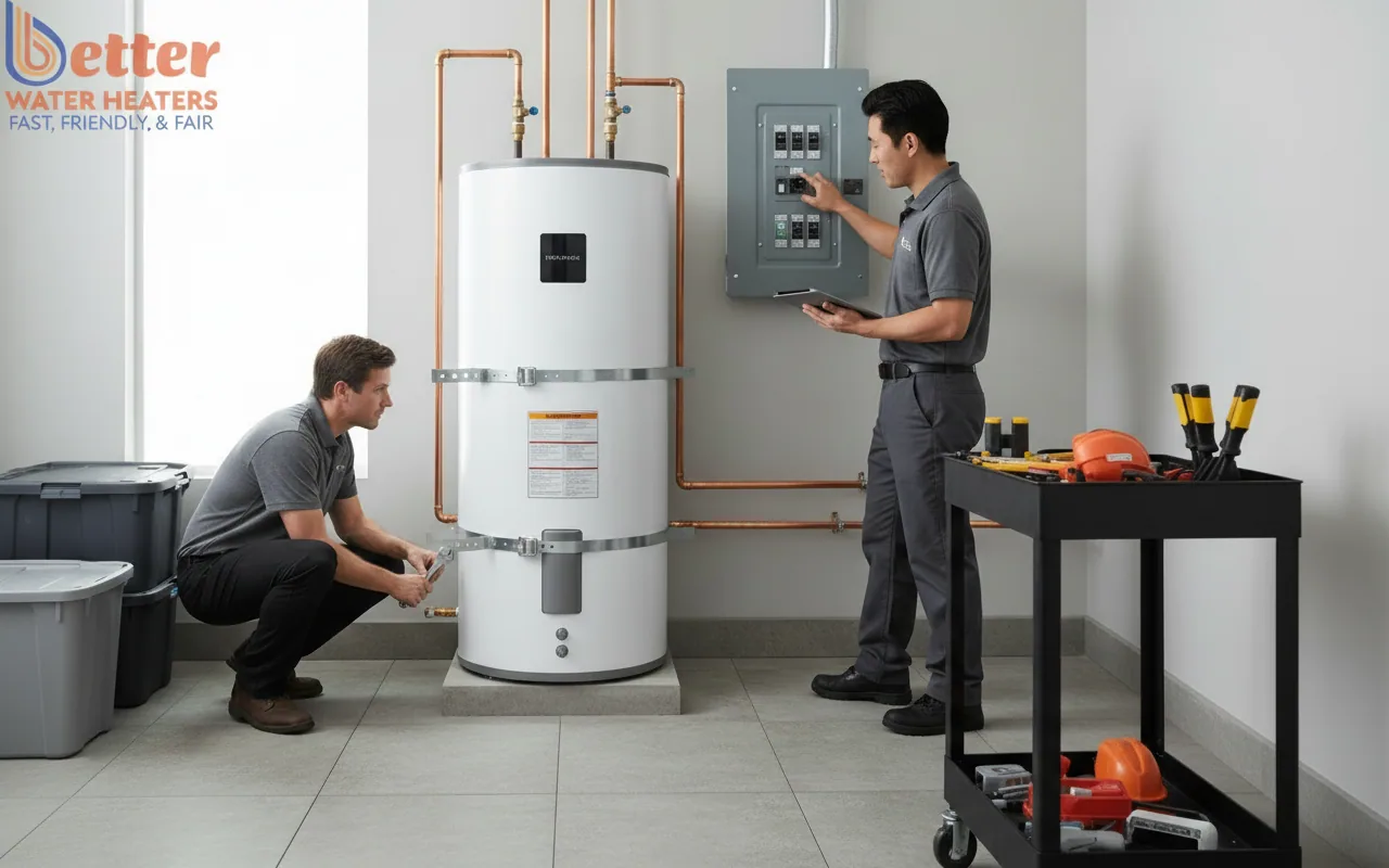 A professional heat pump water heater installation as part of a home remodel plumbing strategy in the Bay Area.
