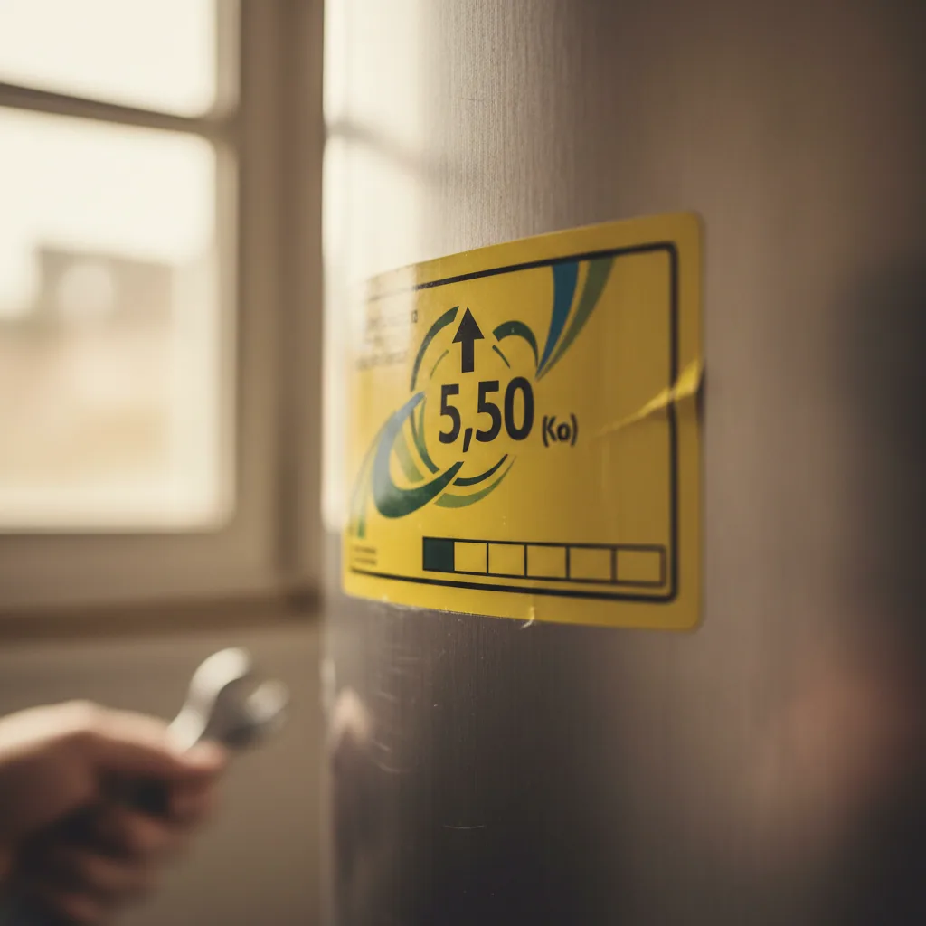Close up of First Hour Rating on an EnergyGuide label for hot water demand audit