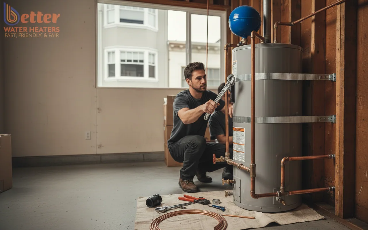 Professional water heater installation showing seismic strapping and expansion tank in San Francisco