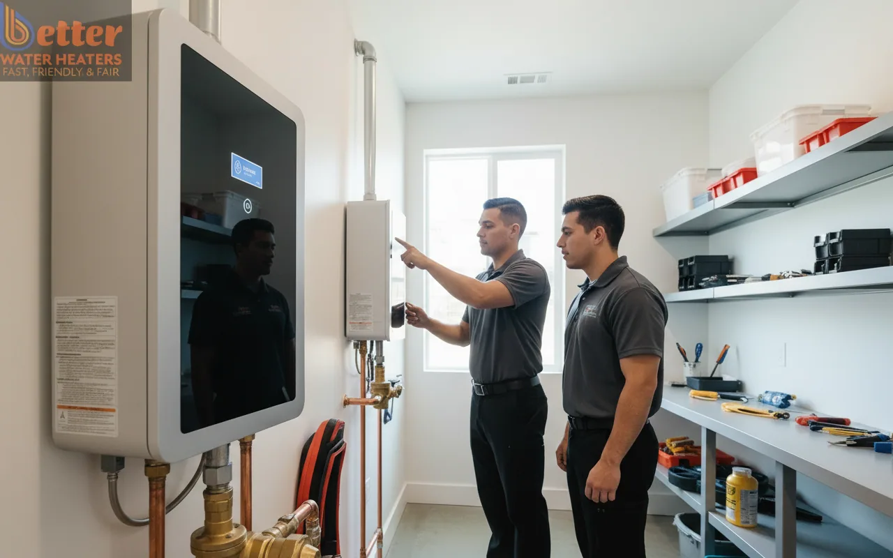 A professional installation of a smart leak detection system on a modern water heater