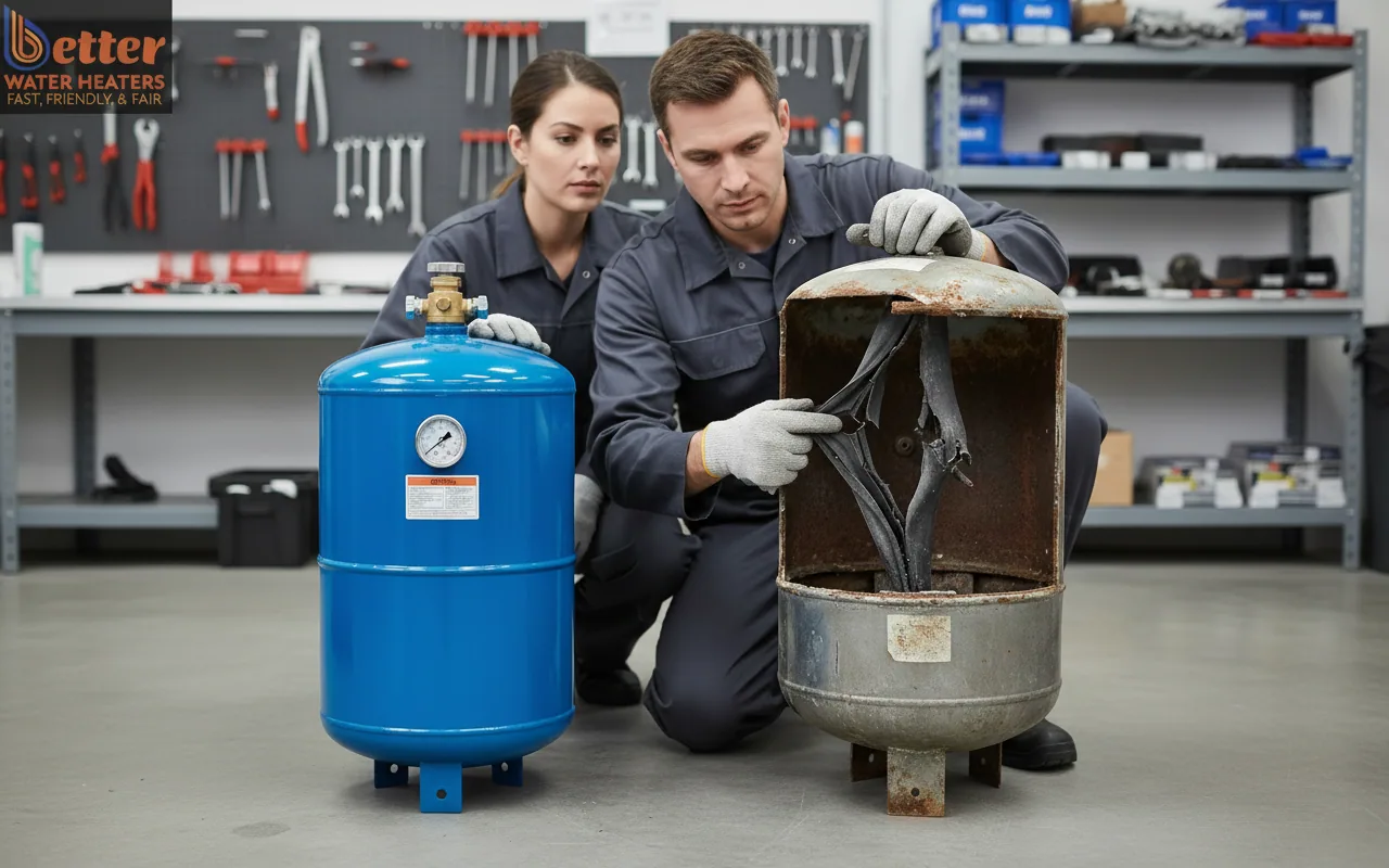 Comparison of healthy vs ruptured diaphragm showing thermal expansion tank failure