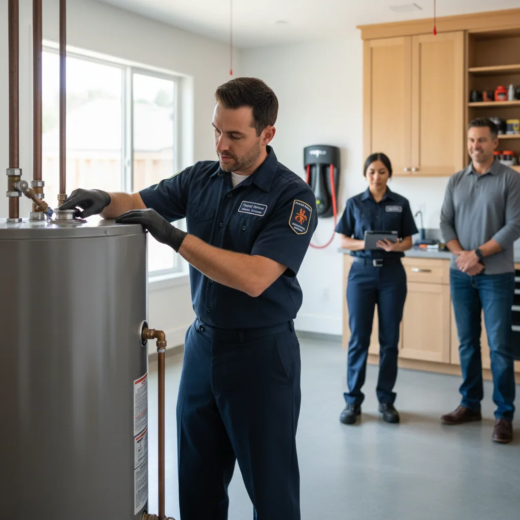 Professional plumber diagnosing a water heater leaking from top in a Bay Area home